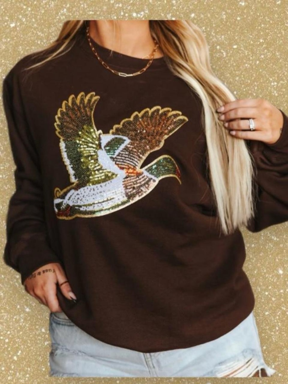 Oversized Sequin Mallard Duck Patch Country Sweatshirt Brown Size Large / Unisex
